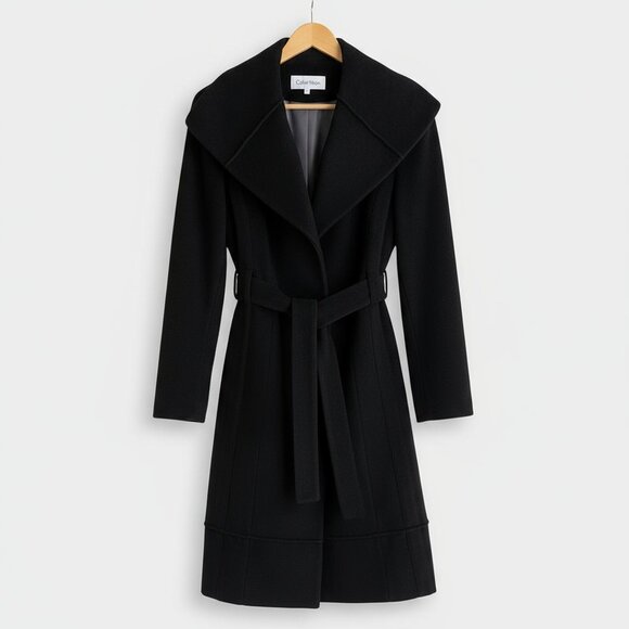 Calvin Klein Black Wool Blend Belted Coat Size 8 | Designer | EUC - Picture 1 of 9
